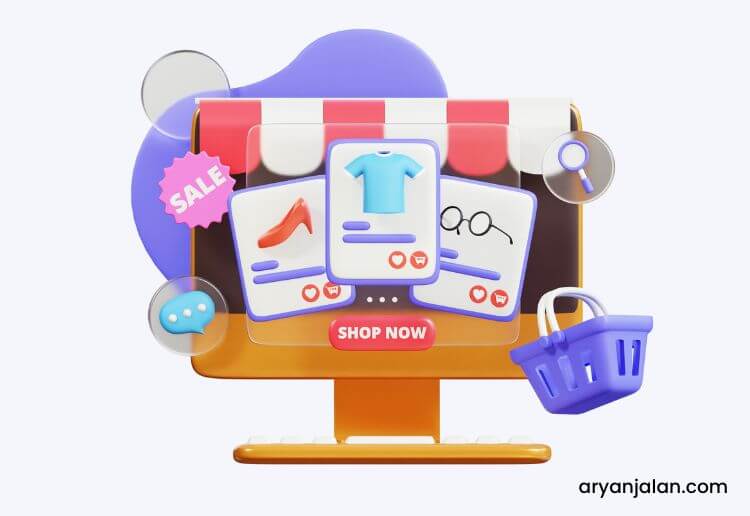 A computer screen displaying an e-commerce website with a sale banner, a Shop Now button, and the website's domain name. - AryanJalan