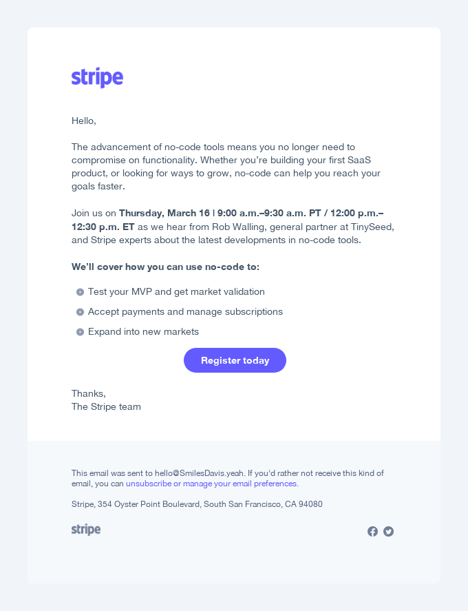 Email from Stripe about a webinar on no-code tools.