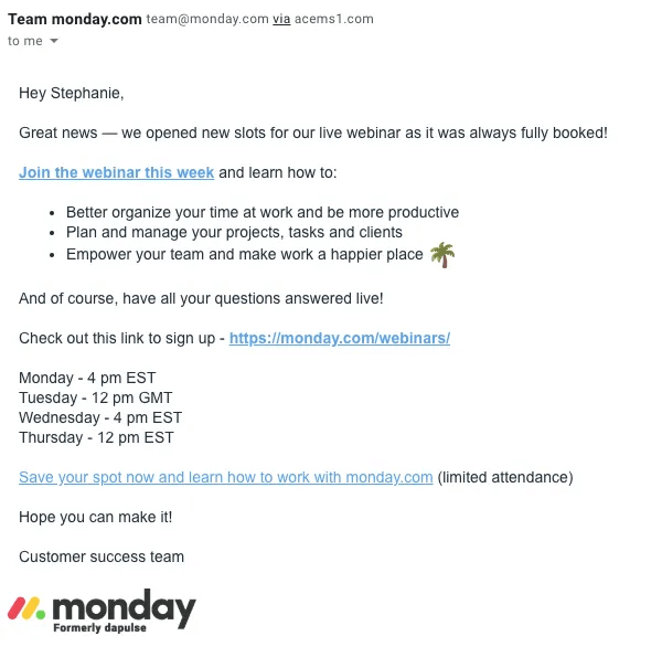 Email from monday.com offering a free trial and live webinar on B2B SaaS lead generation.