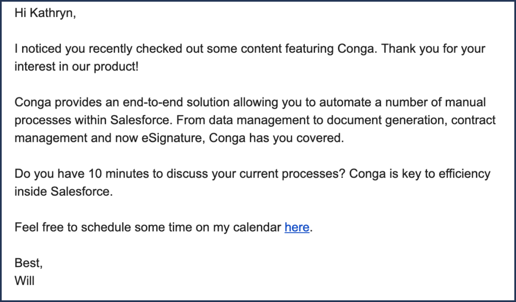 Personalized email from Conga thanking a potential customer for their interest and offering a consultation.