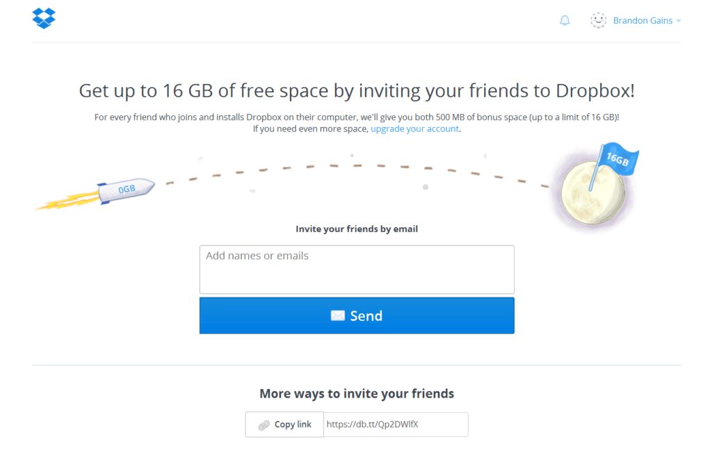 Screenshot of an invitation to participate in a B2B SaaS referral program, offering bonus free space for inviting friends.